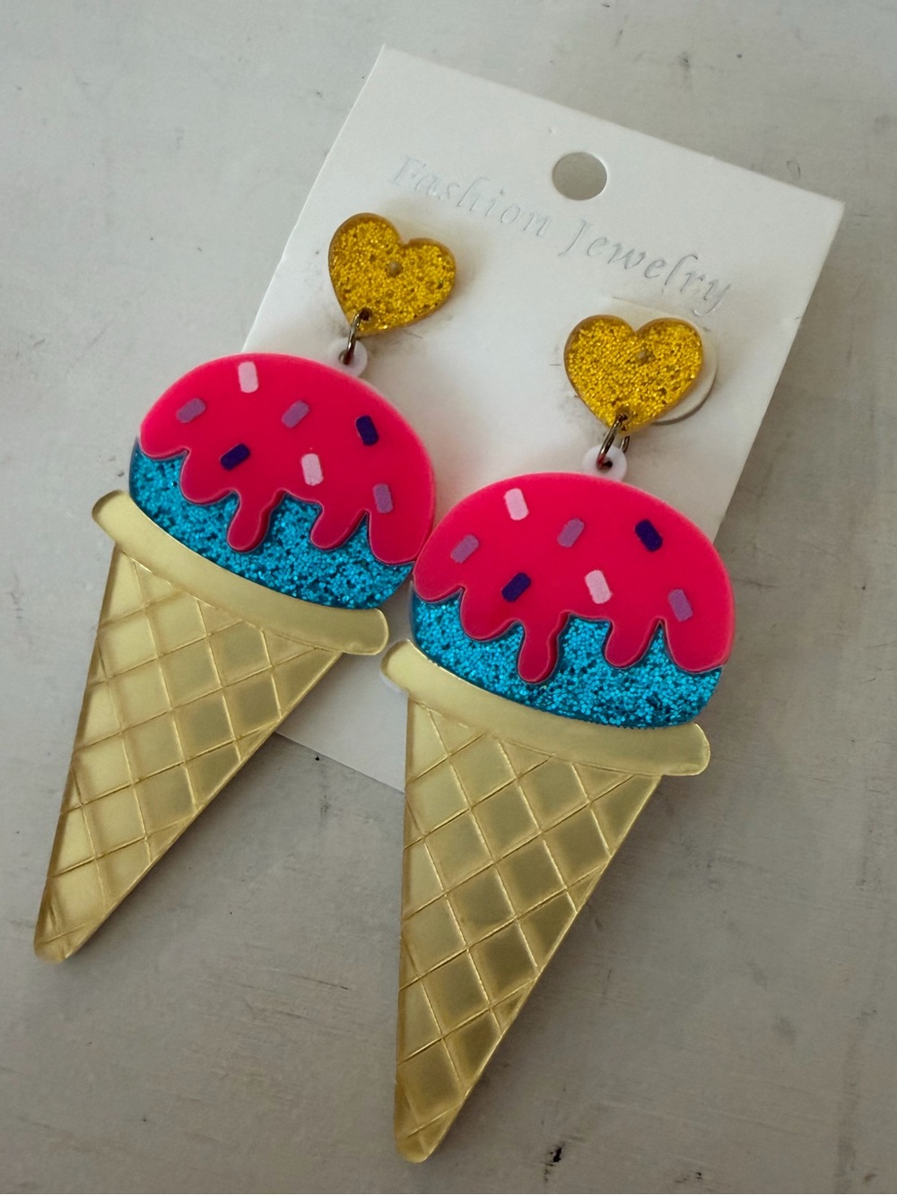 Gold Ice Cream Cone Drop Earrings - Pink & Blue earrings!! Boutique earrings!